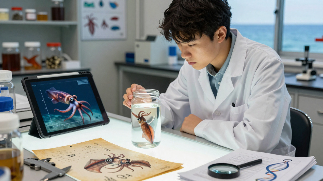 Scientist in lab coat studying a preserved squid in a jar with squid images and DNA notes on the table.