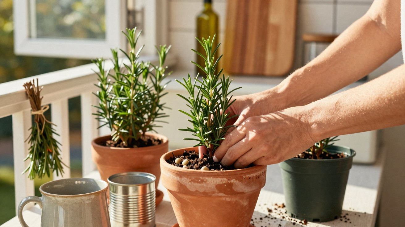 Hands tending a potted rosemary plant on a sunlit balcony with other plants and gardening tools nearby.