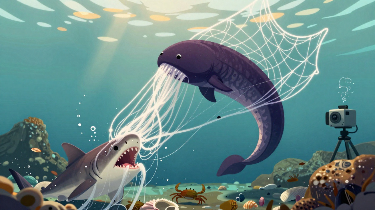 Animated underwater scene showing a fish caught in a jellyfish net fighting a shark near a camera on a tripod.