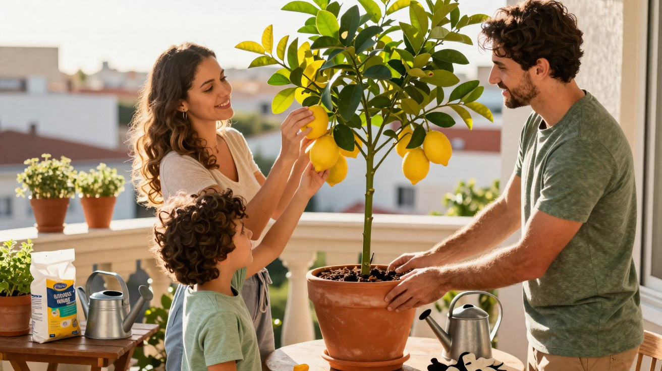 Family of three picking lemons from a potted lemon tree on a sunny balcony garden.