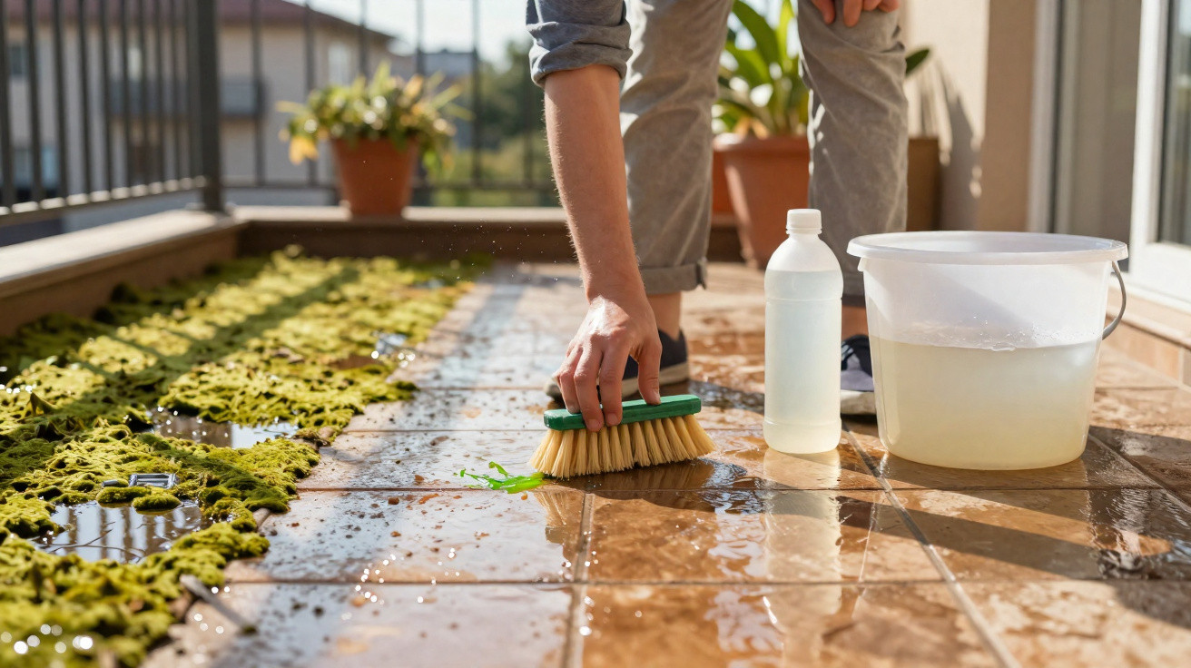 Person scrubbing a brown tiled floor with a brush, next to a bucket and a bottle of cleaning solution.