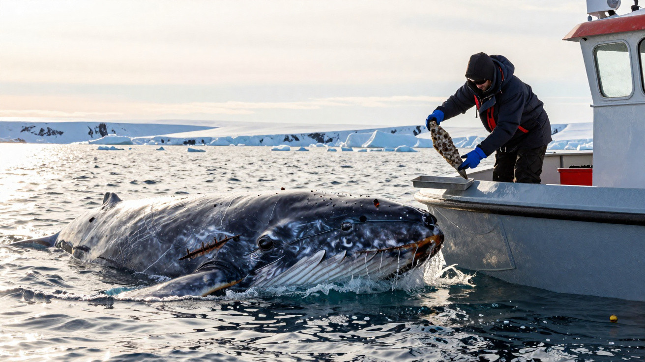 Person on boat feeding a large humpback whale in icy polar waters with snow-covered land in the background