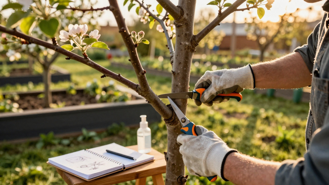 Person wearing gloves pruning a blossoming tree branch with shears in a garden at sunset.