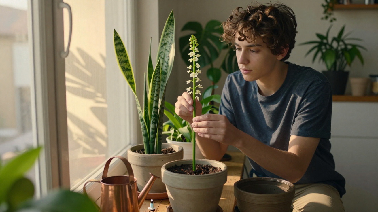 Young man tending to a tall flowering plant on a wooden table beside a window with other potted plants and a copper watering 