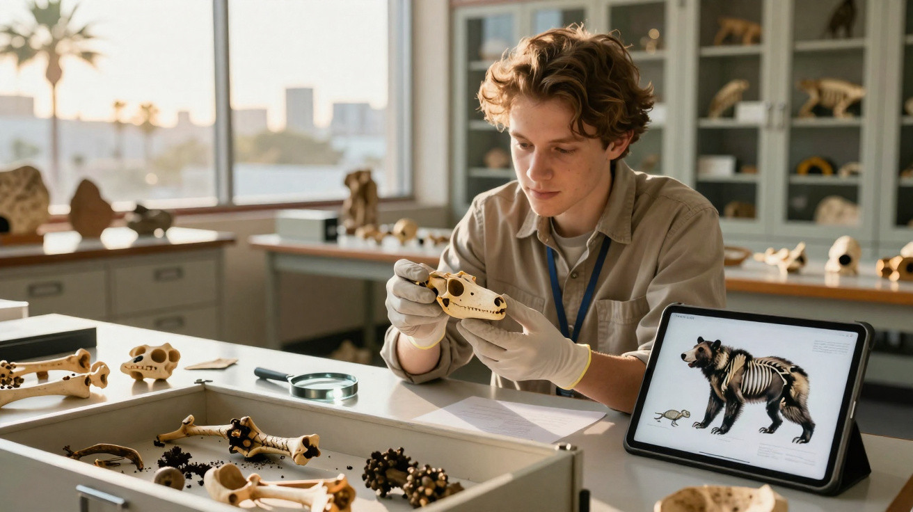 Young male scientist studying animal skull in a lab with bones and tablet showing bear skeleton.