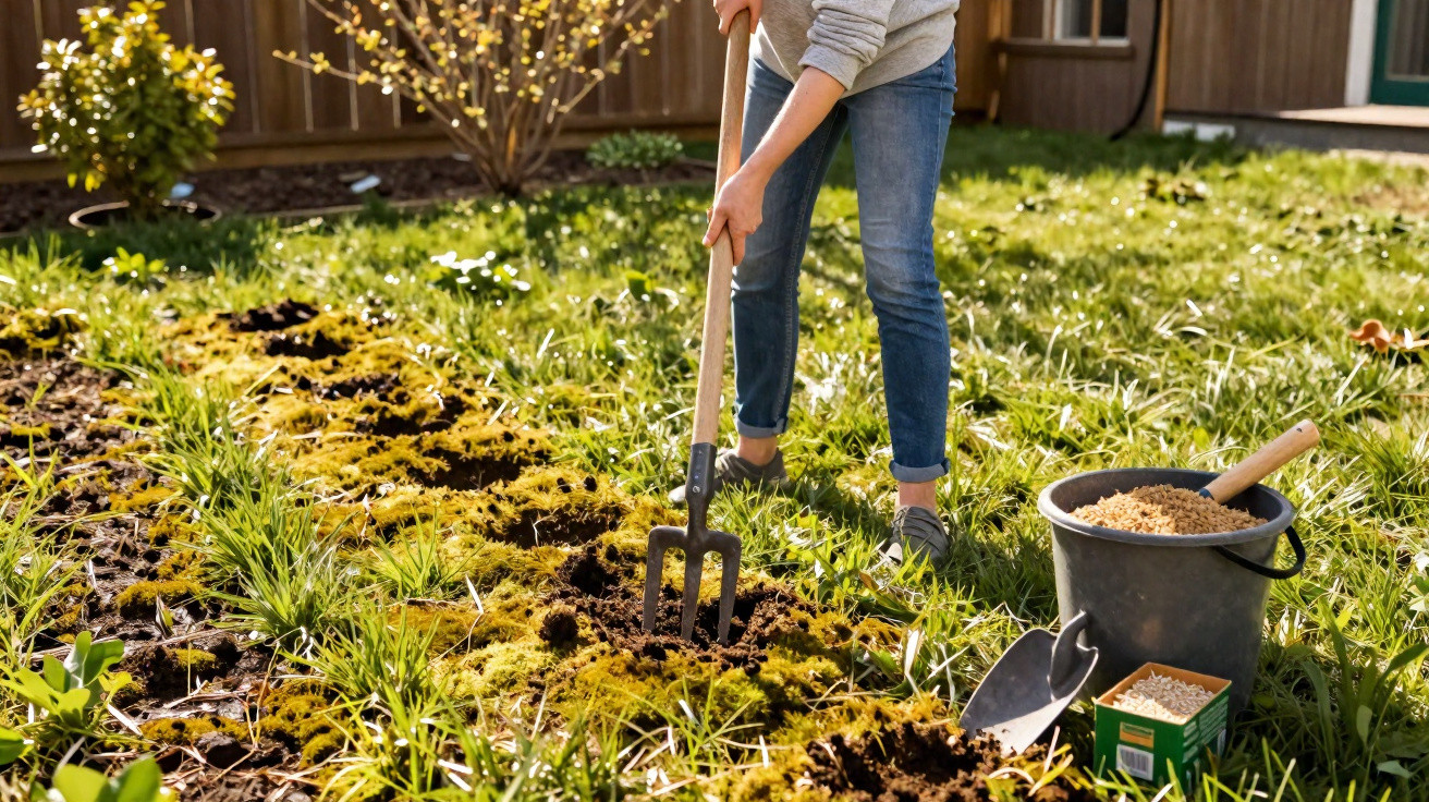 Person using a garden fork to dig soil in a garden bed with compost and a trowel nearby.