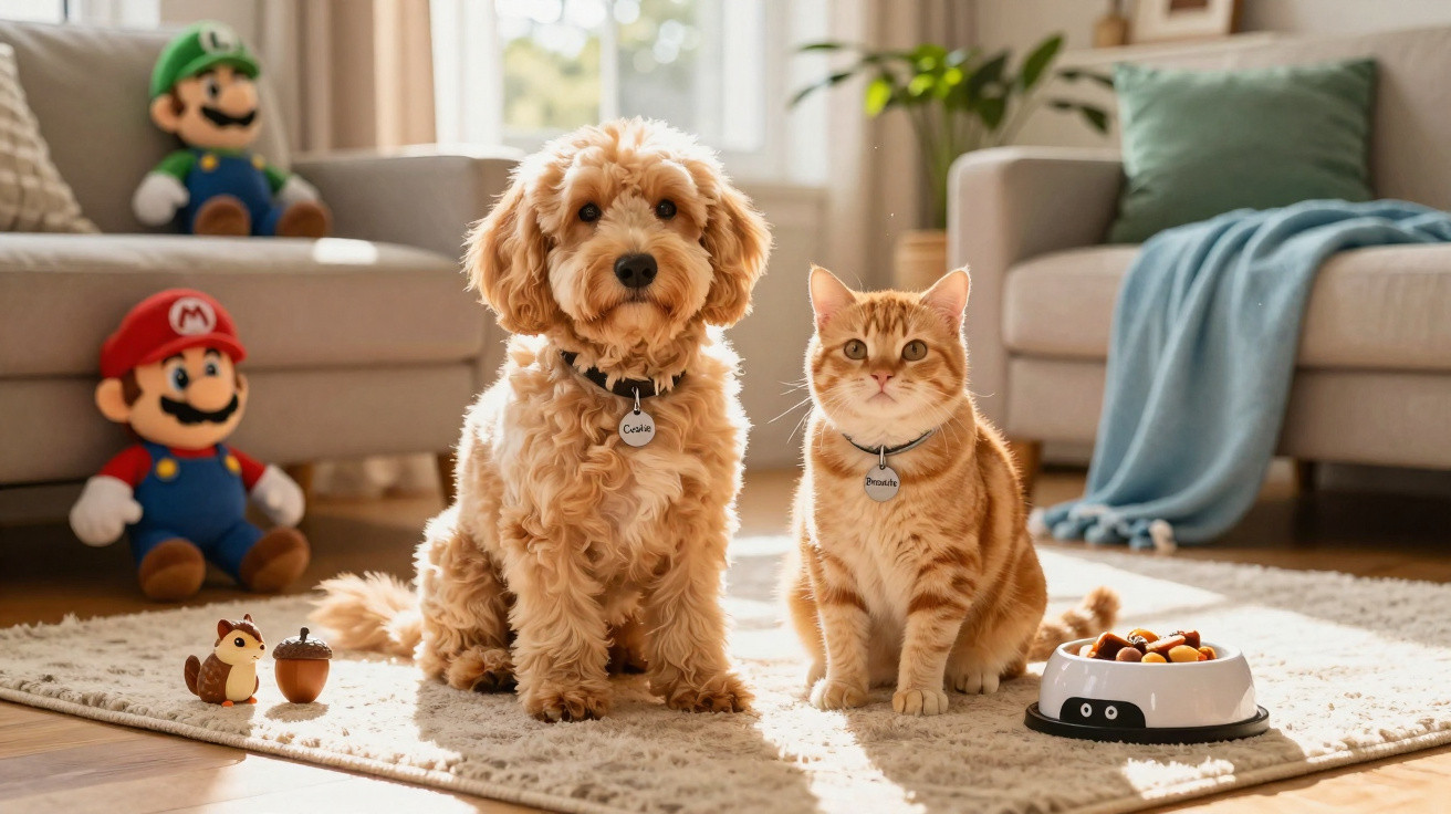 Curly-haired dog and tabby cat sitting side by side on a rug in a living room with toys and a food bowl nearby.