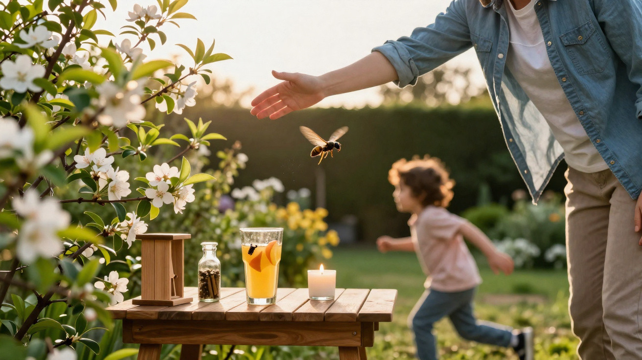 Adult reaching out to a wasp near a wooden table with orange juice and a candle in a sunlit garden.