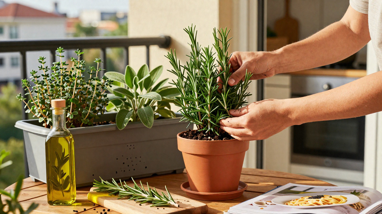 Hands tending to a potted rosemary plant on a balcony table with other herbs and cooking items nearby.