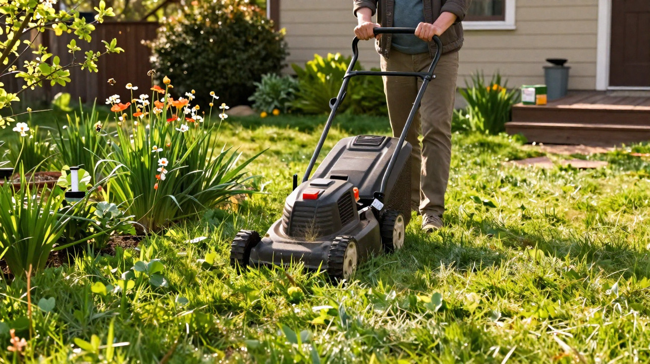 Person mowing overgrown lawn with electric lawn mower in sunny garden near flowers and house.