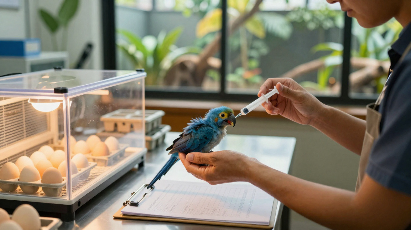 Person feeding a blue parrot chick with a syringe beside an incubator full of eggs in a bright room.
