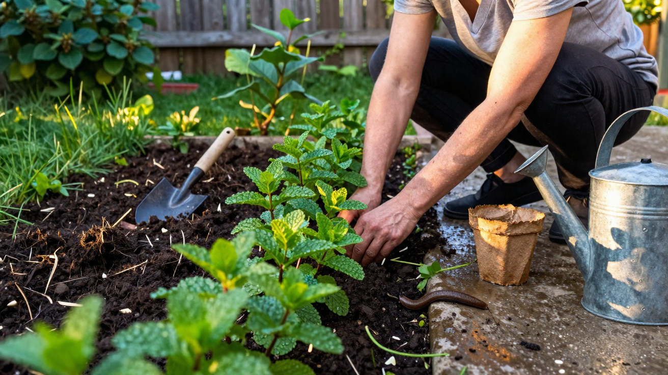 Person planting young green herbs in a garden bed with gardening tools and a watering can nearby.