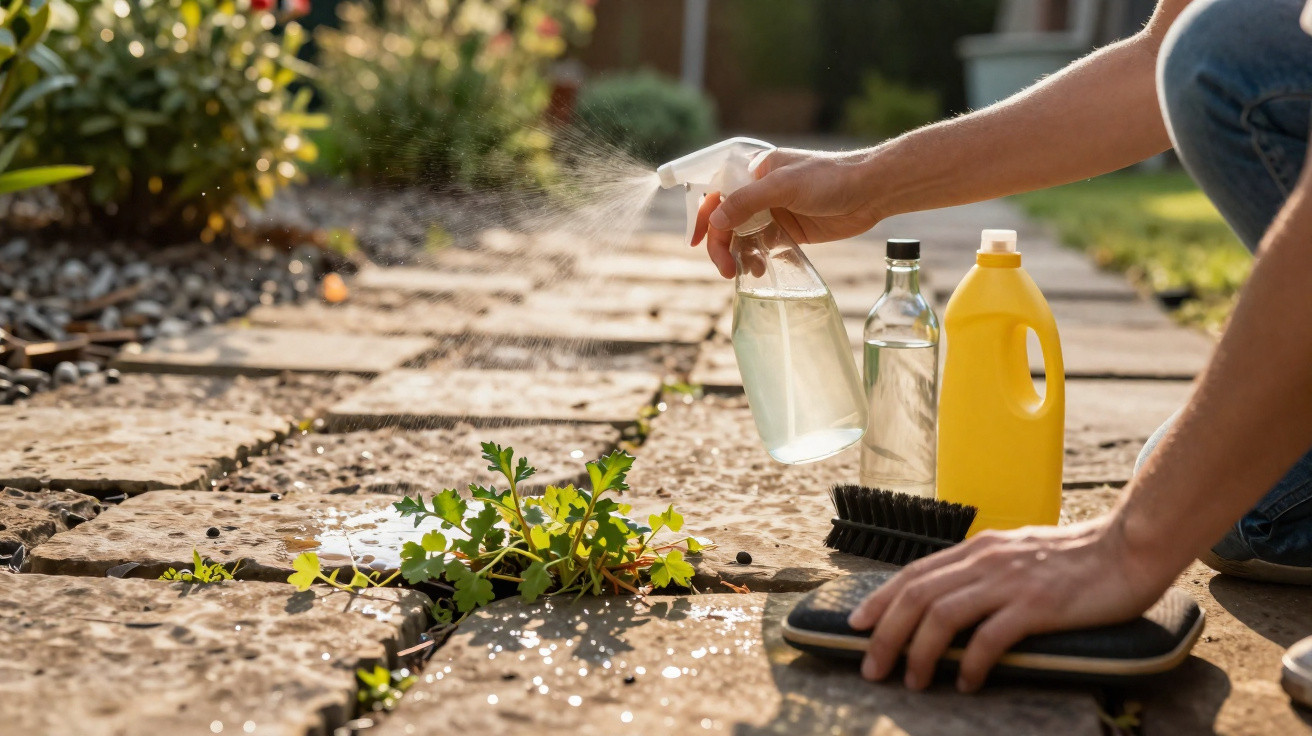 Person spraying a liquid weed killer onto weeds growing between stone patio slabs in a garden.