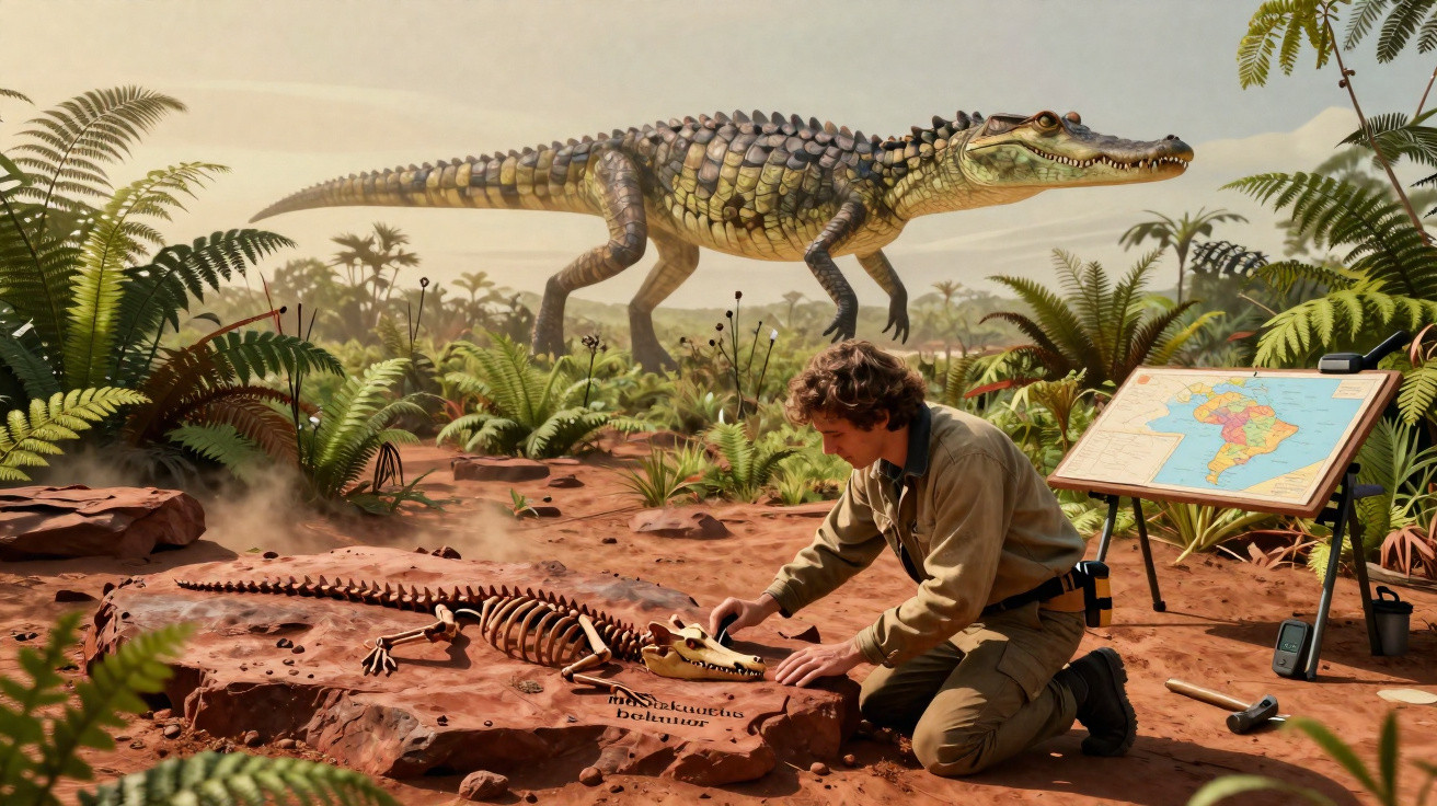 Scientist examines crocodile fossil with cartoon dinosaur looming nearby in a prehistoric jungle setting.