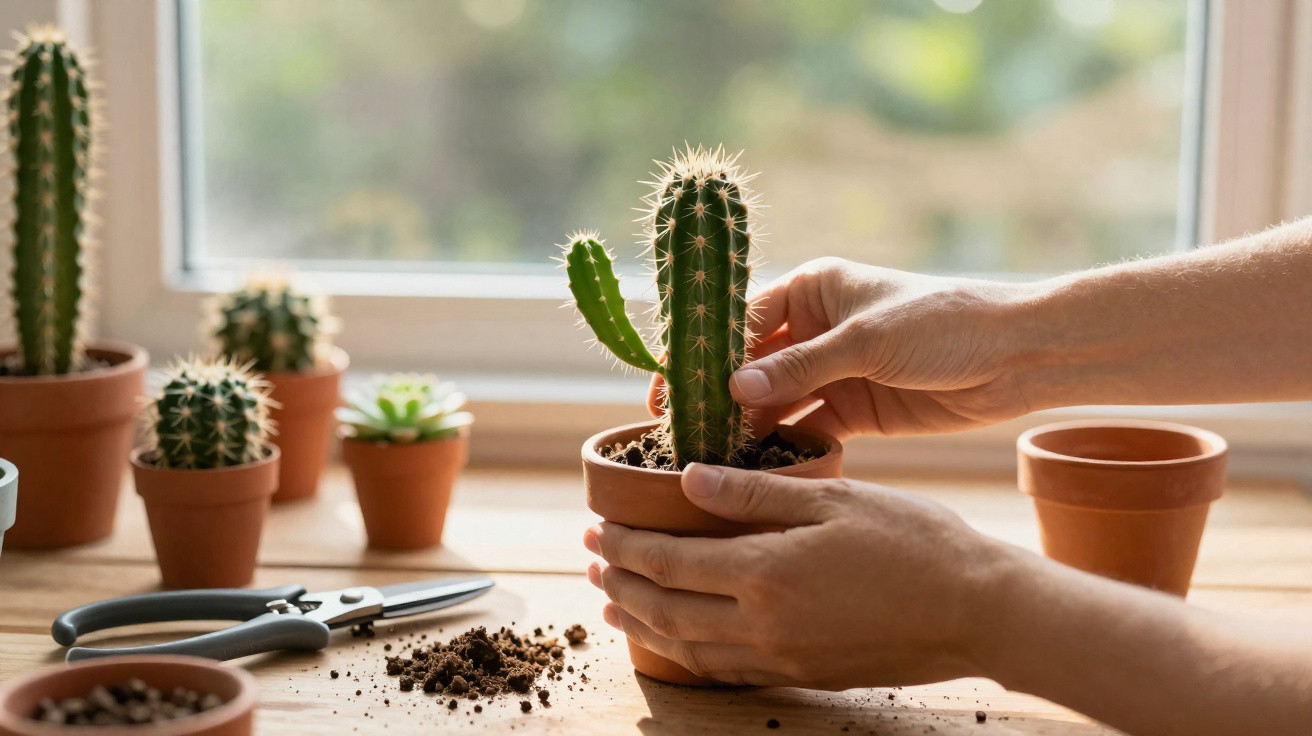 Hands repotting a tall cactus in a terracotta pot on a windowsill with other small potted cacti and gardening tools.