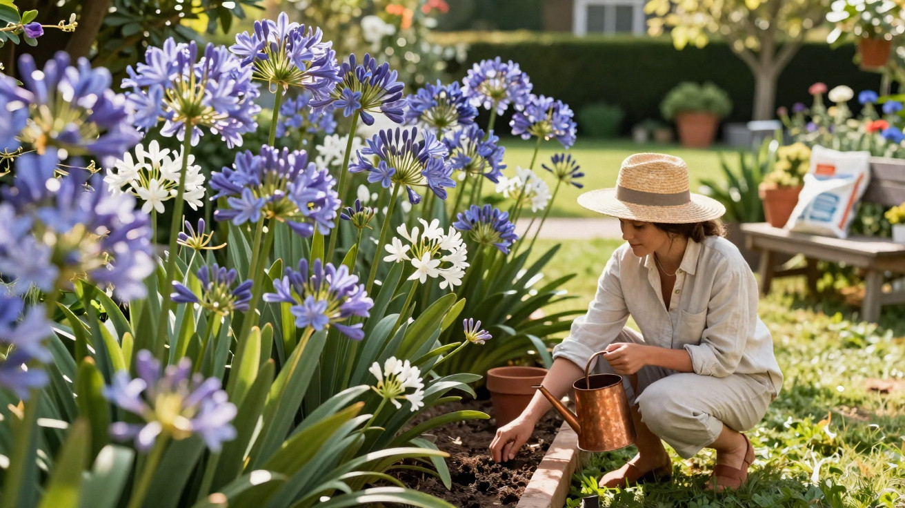 Woman in a straw hat watering plants and tending purple and white agapanthus flowers in a sunny garden.
