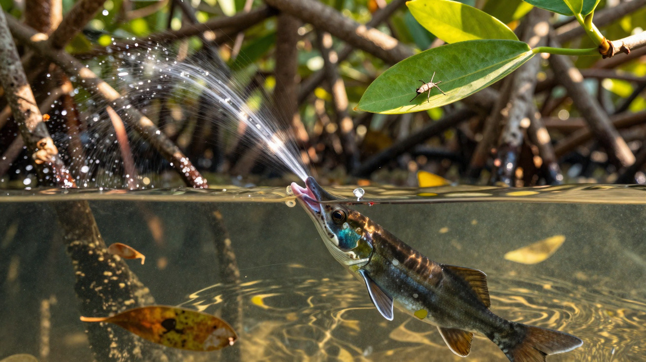 Fish underwater spitting water at insect resting on mangrove leaf in a sunlit aquatic environment.