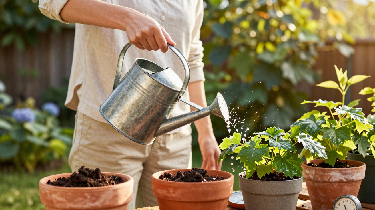 Person watering green plants in pots with a metal watering can in a sunny garden setting