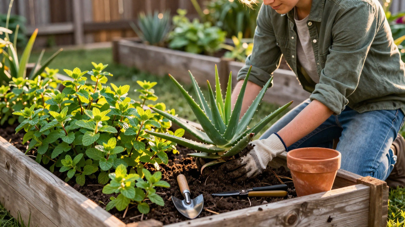 Person planting aloe vera in a raised wooden garden bed with gardening tools and potted plant nearby.