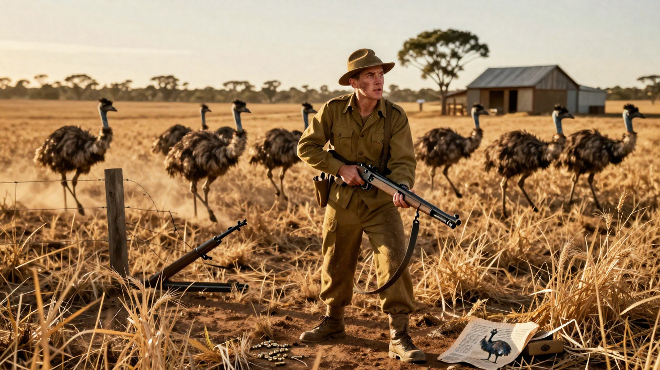 Soldier in vintage uniform holding a rifle in dry grassland with a group of emus and a small shed behind.