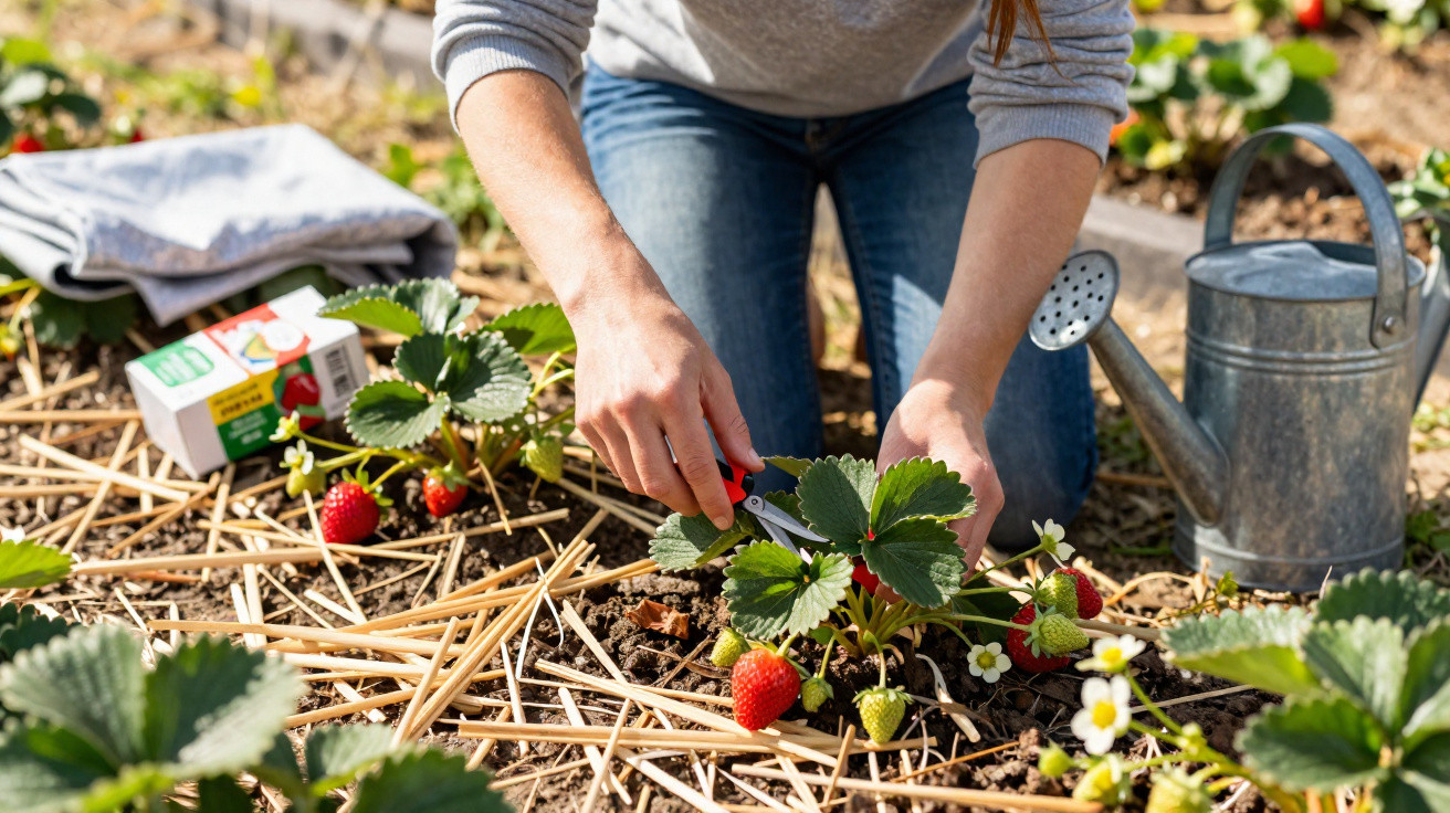Person harvesting ripe strawberries in a garden with pruning shears and a watering can nearby.