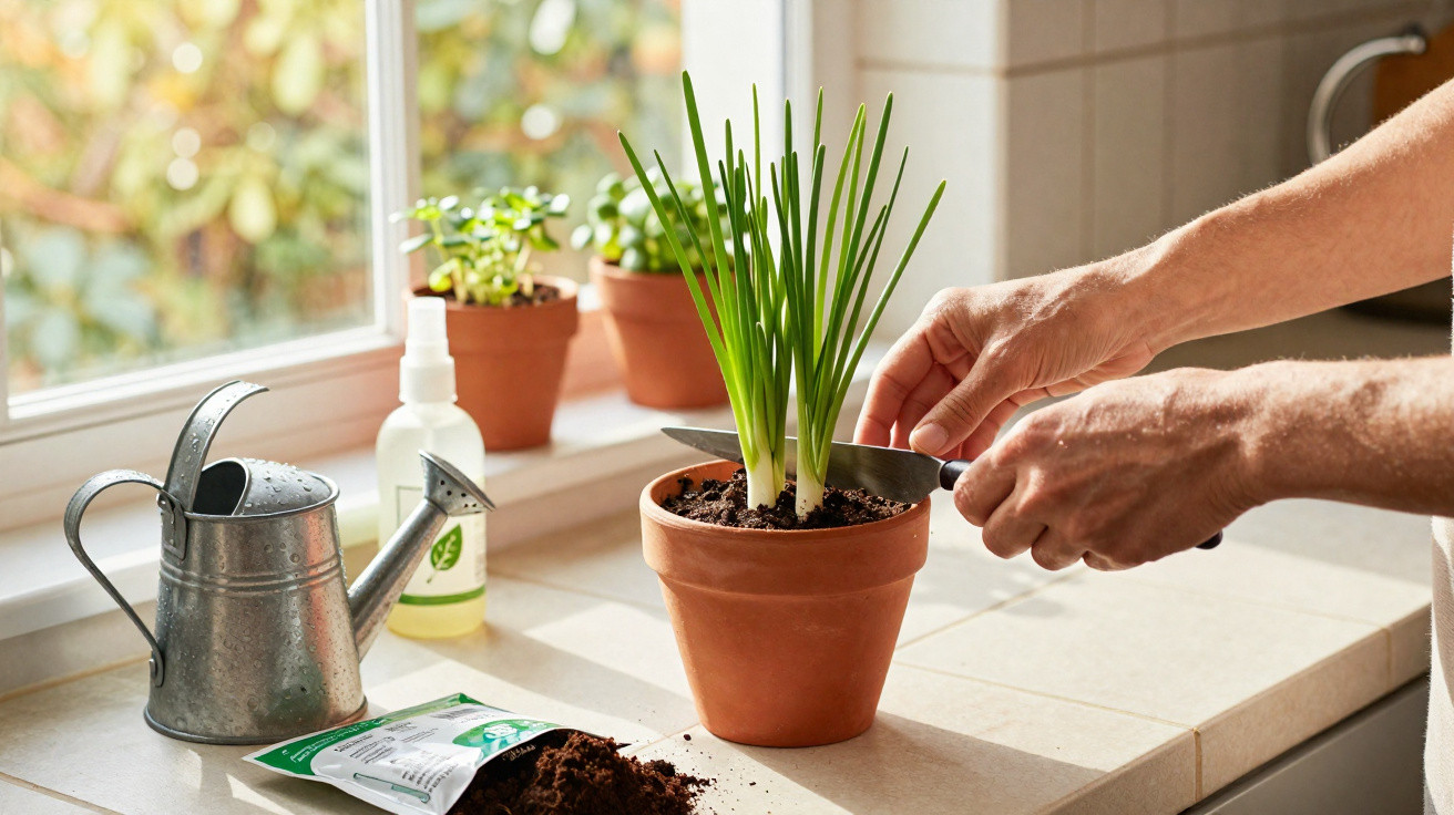 Hands trimming green onion leaves in a terracotta pot on a sunny kitchen windowsill with gardening tools.
