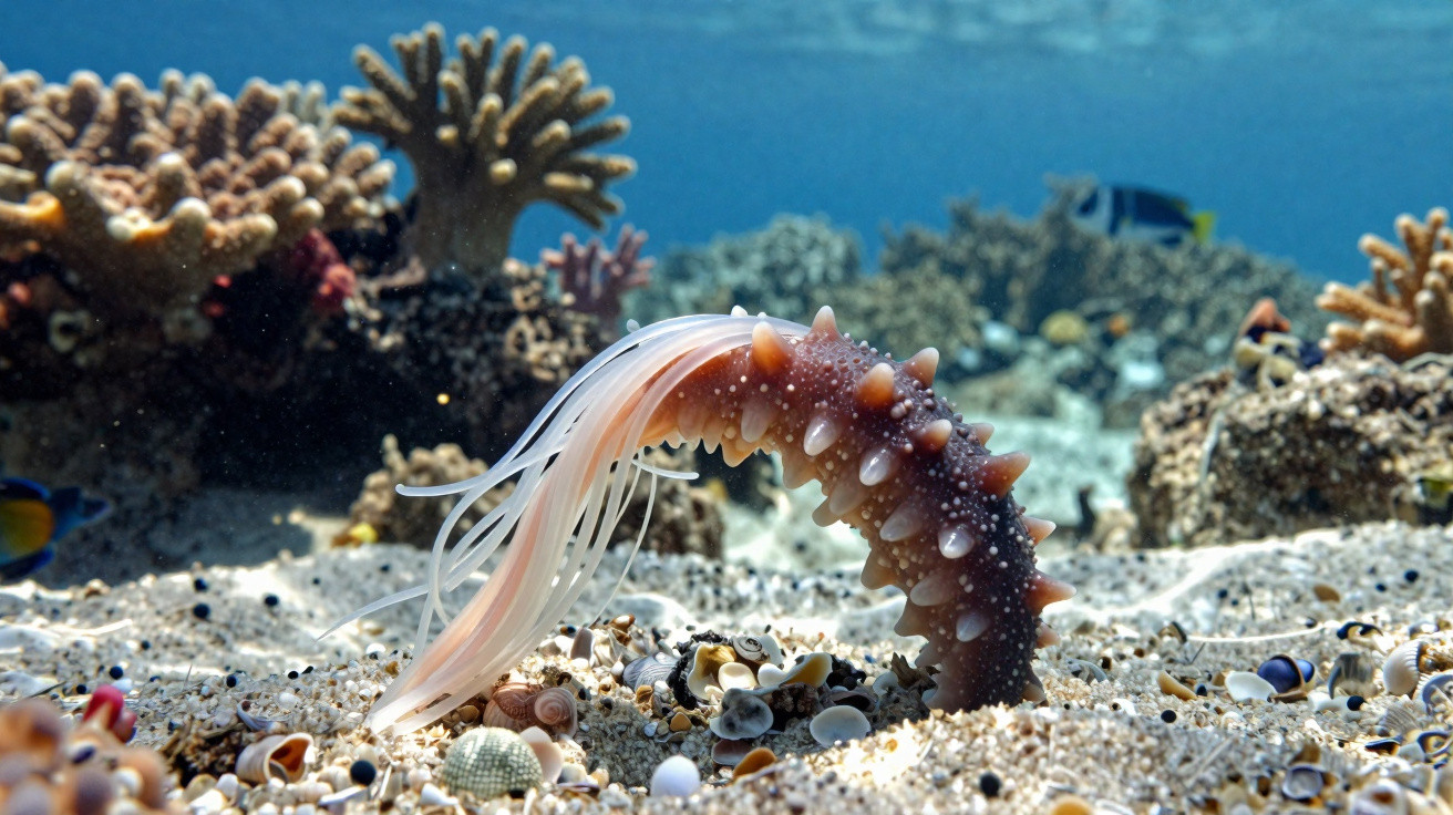 Close-up of a sea cucumber with tentacles extended on a sandy seabed surrounded by coral and small shells.