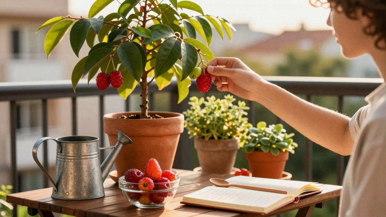 Person picking ripened berries from a potted plant on a balcony table with watering can and notebook.
