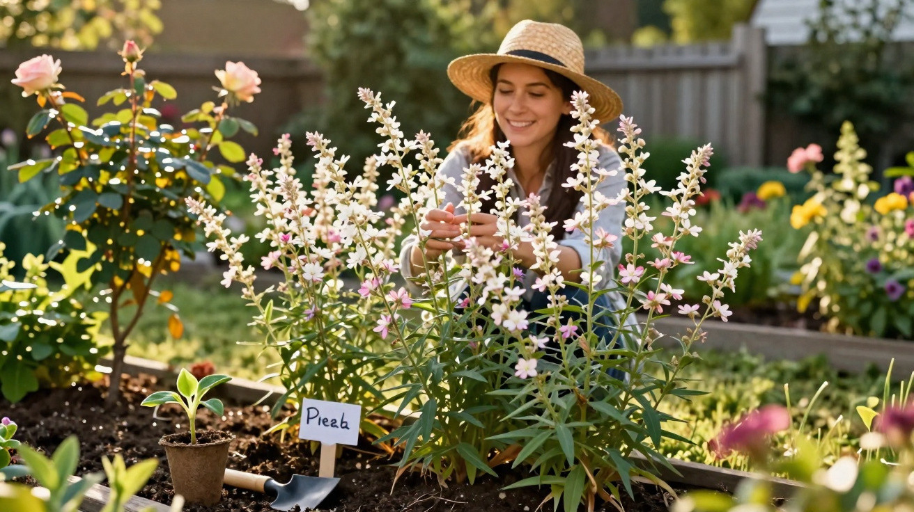 Woman wearing a straw hat tending to flowering plants in a sunny garden with a labelled plant pot and trowel nearby
