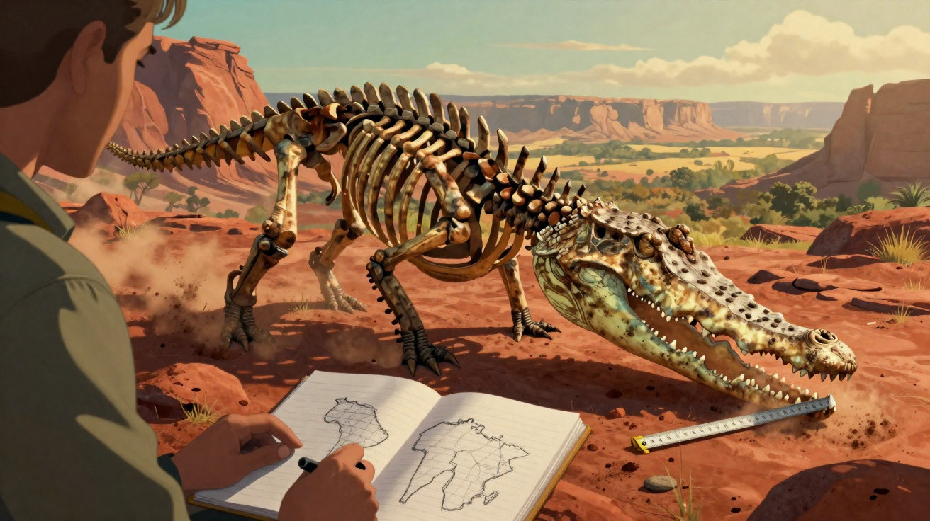 Person sketches crocodile skeleton in desert landscape with red rocks and distant mesas under blue sky.