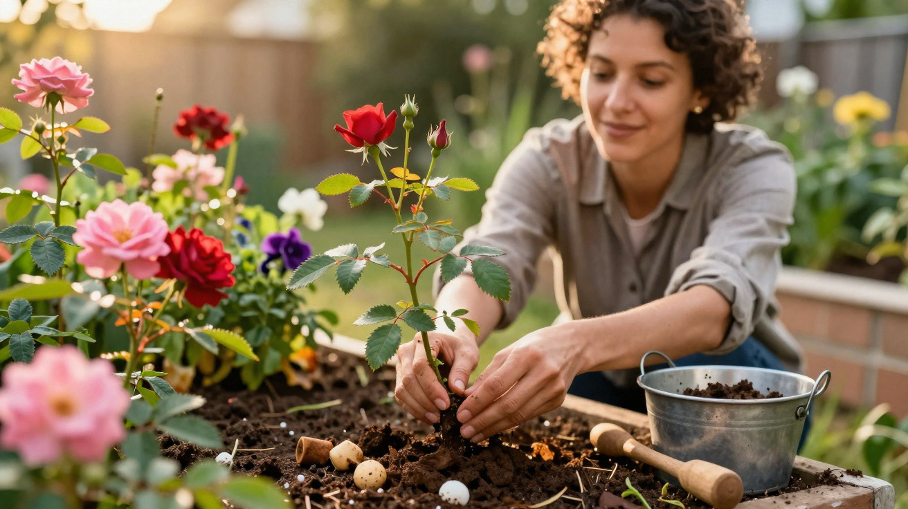 Woman planting a small red rose bush in a garden bed surrounded by colorful flowers on a sunny day.