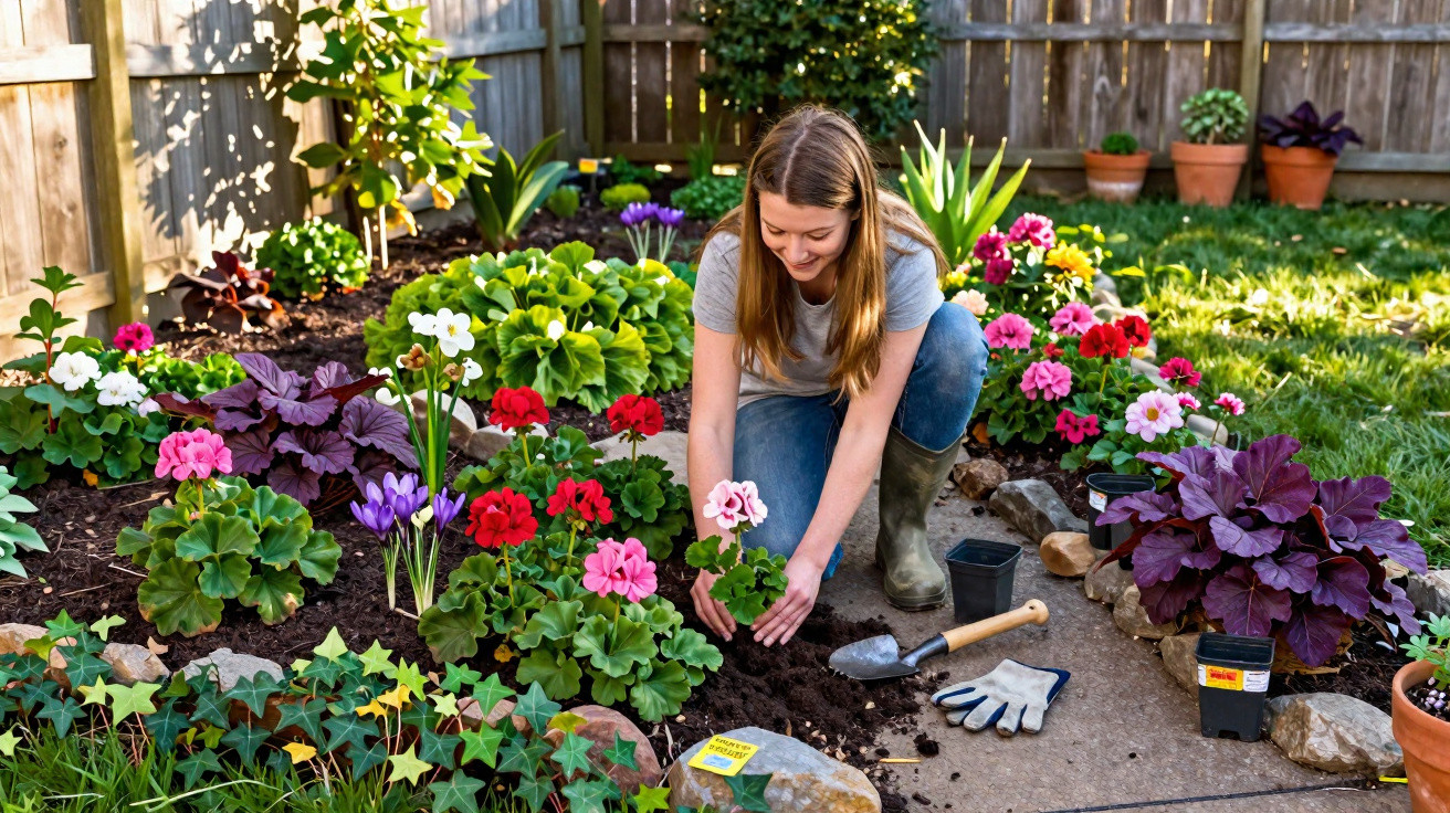 Woman in boots planting colourful flowers in a sunny garden bed surrounded by plants and gardening tools