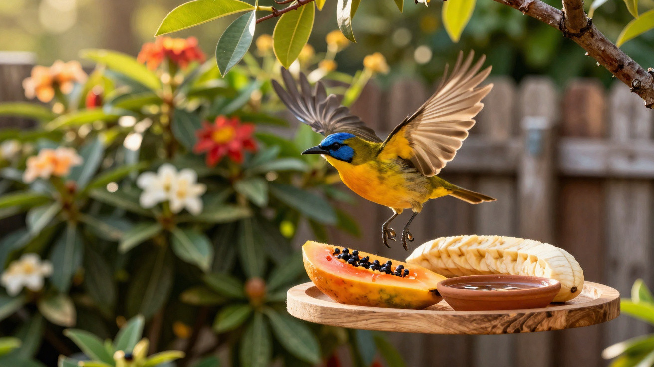 Small bird with blue head and yellow body flying above wooden plate with sliced papaya, banana, and sauce outdoors