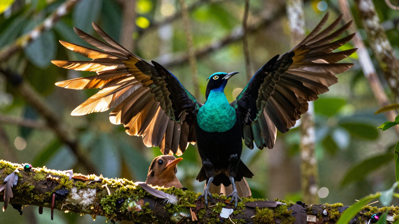 A colourful bird with iridescent blue and green feathers spreads its wings on a mossy tree branch next to a brown bird.