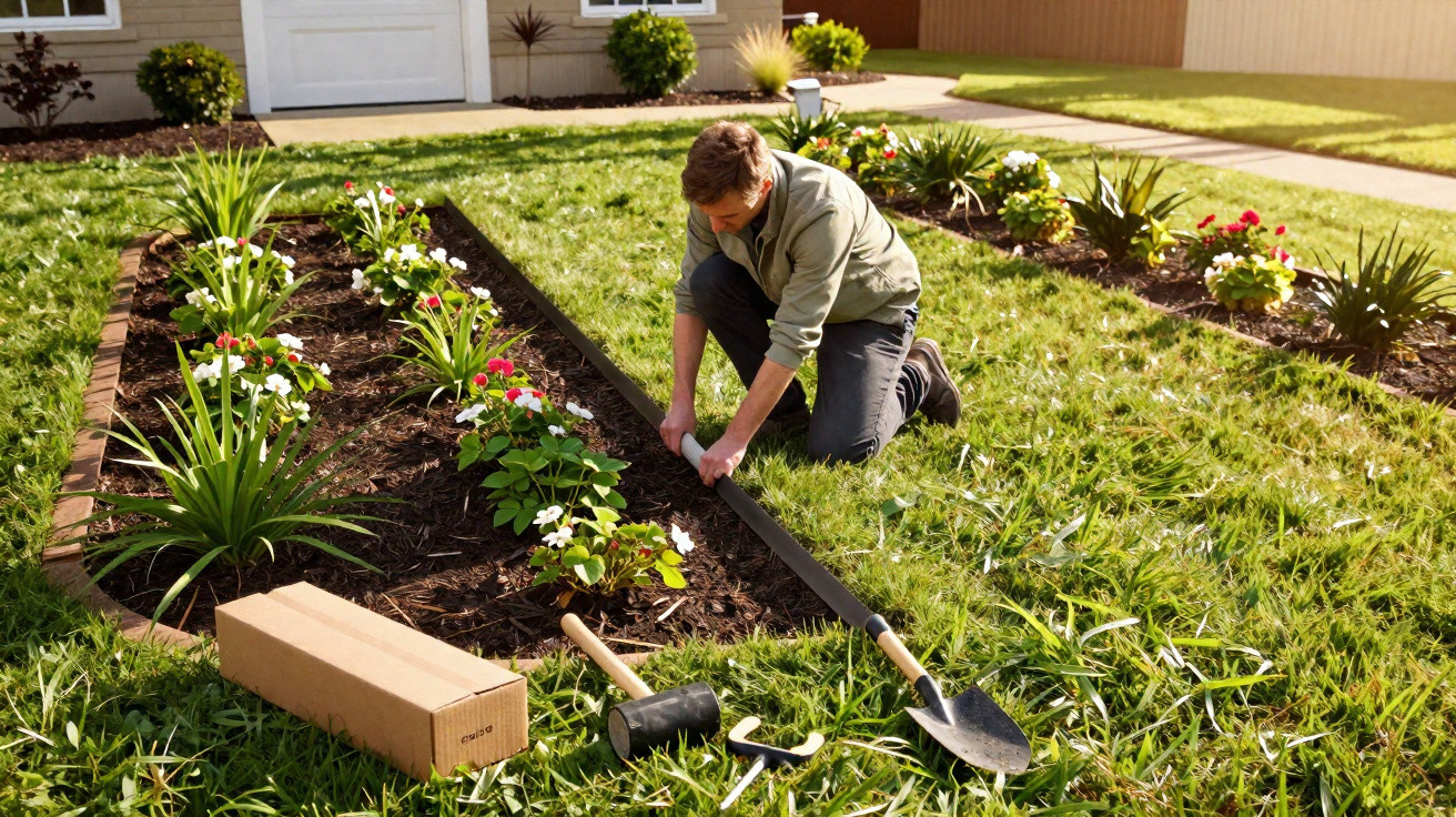 Man kneeling on grass edging a flower bed with gardening tools and a cardboard box nearby in a sunny garden.
