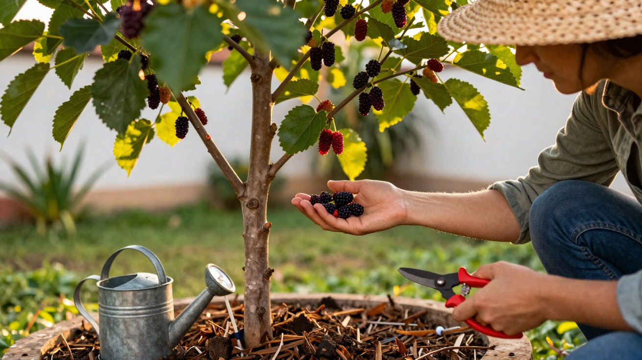Person harvesting ripe blackberries from a small tree in a garden with a watering can nearby.