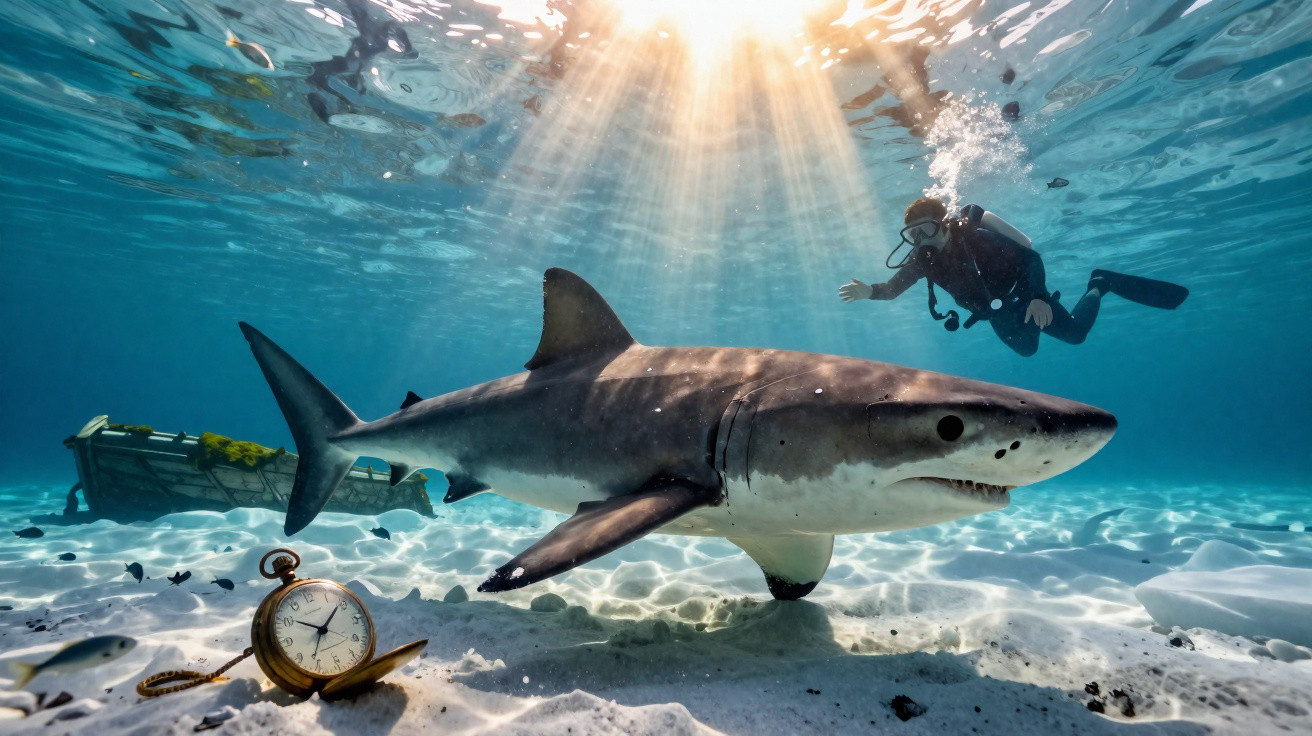Great white shark swimming near a scuba diver underwater with an antique pocket watch and treasure chest on the sea floor.