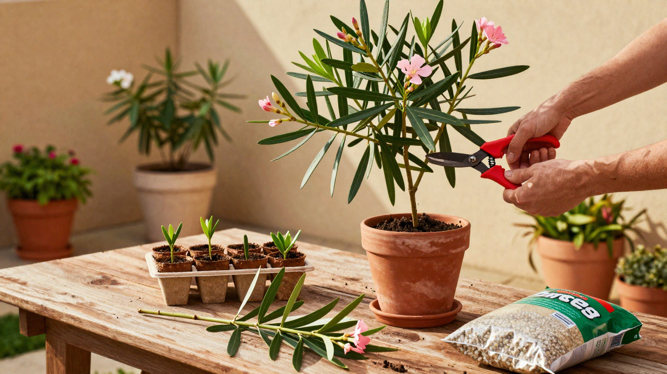 Hands pruning pink flowering plant in terracotta pot on wooden table with seedlings and gardening supplies outdoors.