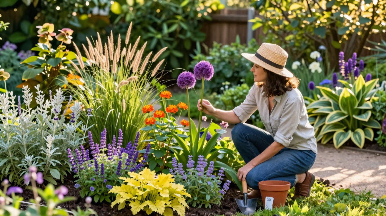 Woman in straw hat gardening and examining purple flowers in colourful flowerbed on sunny day