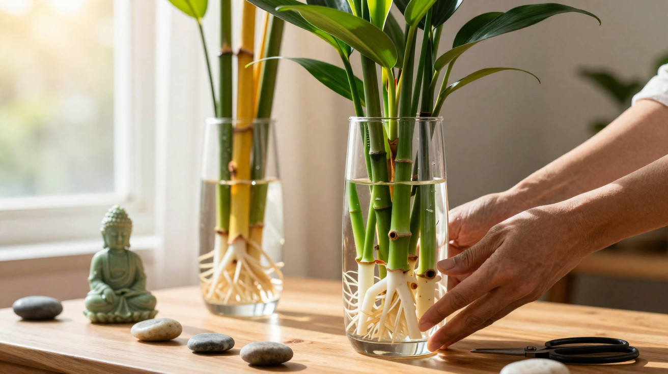 Hands arranging green bamboo stalks with visible white roots in a glass vase on a wooden table near a window