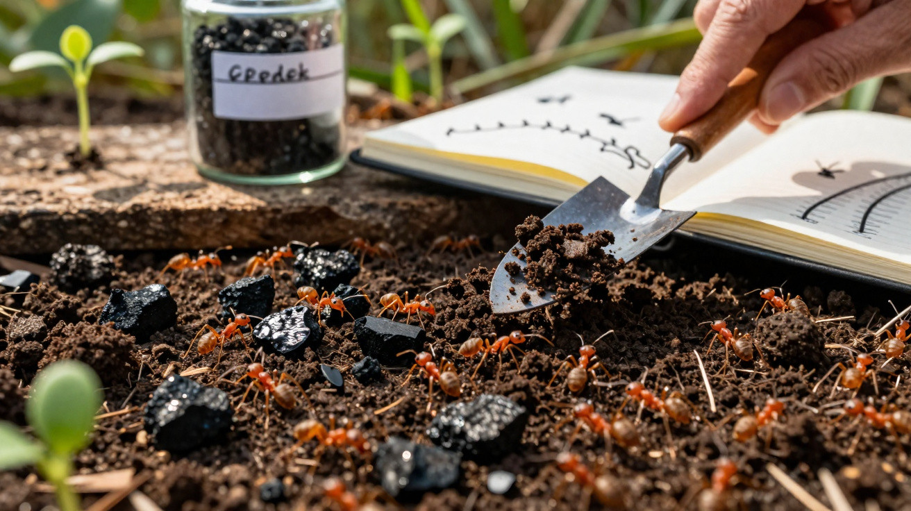 Close-up of red ants on soil with a small garden trowel, a jar labeled "Gedek," and a notebook with sketches.