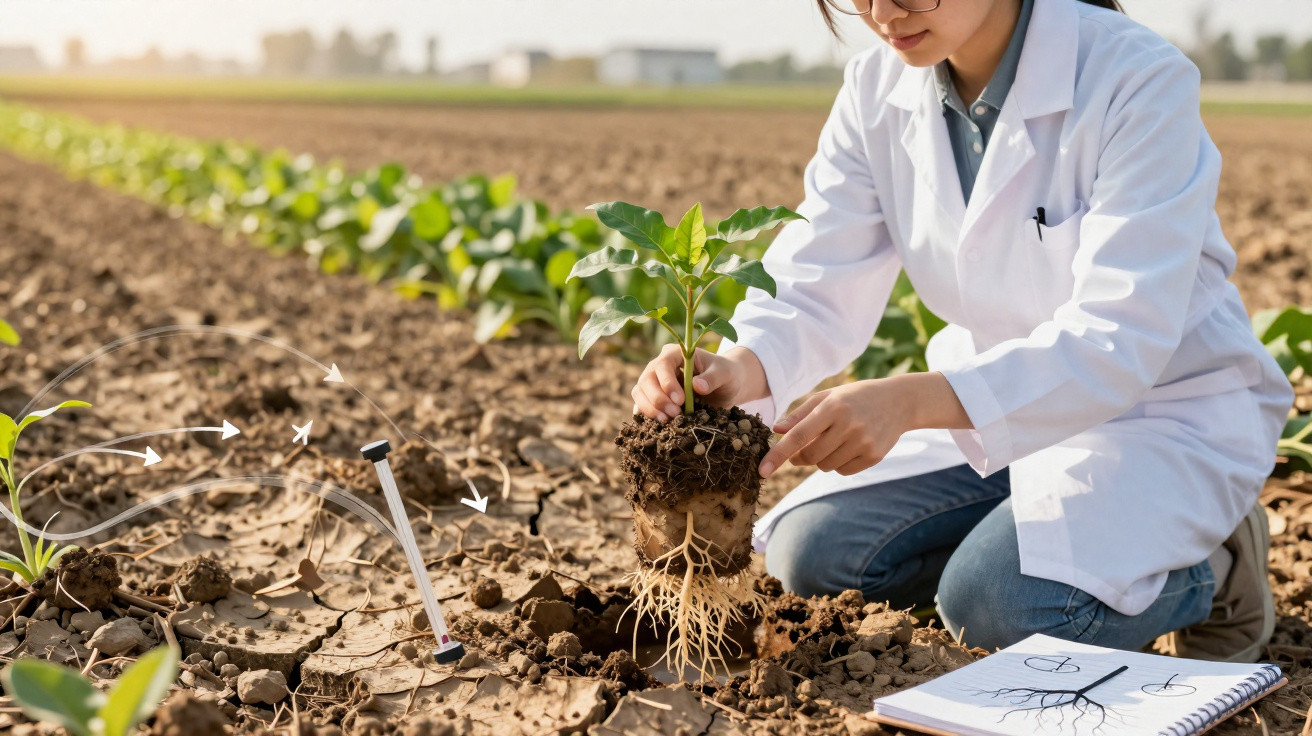 Scientist in lab coat examining plant roots in dry soil with notebook and moisture meter in farmland.