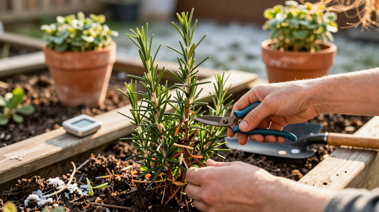 Hands pruning a rosemary plant with garden shears in a raised bed garden under sunlight.