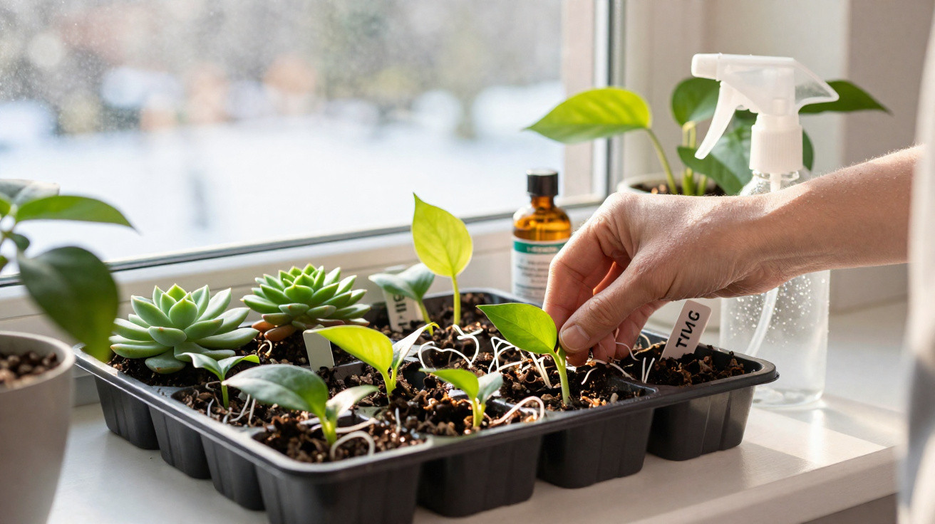Hand tending young green seedlings in a black seed tray on a windowsill with plant care tools nearby.