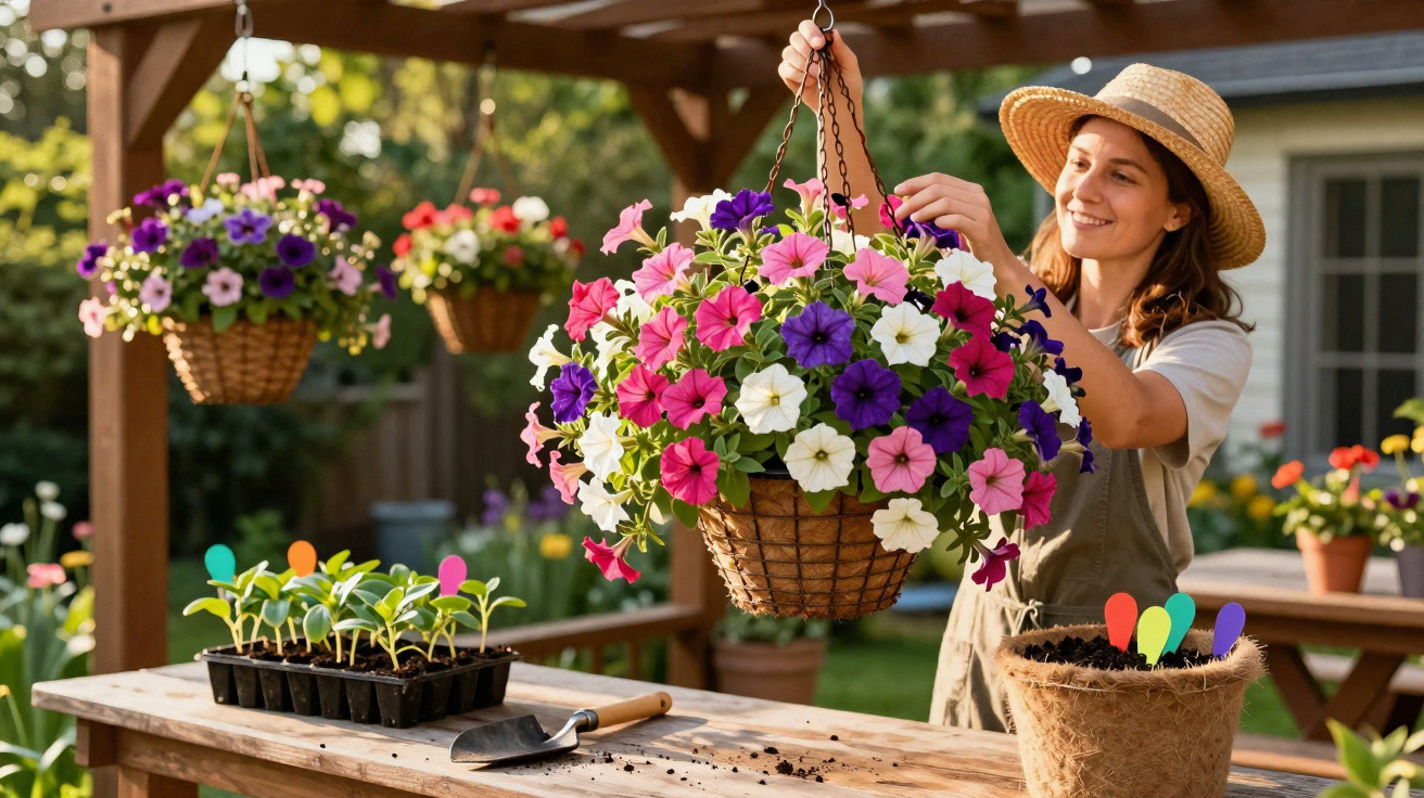 Woman in a straw hat tending a hanging basket of pink, purple, and white flowers in a garden setting.