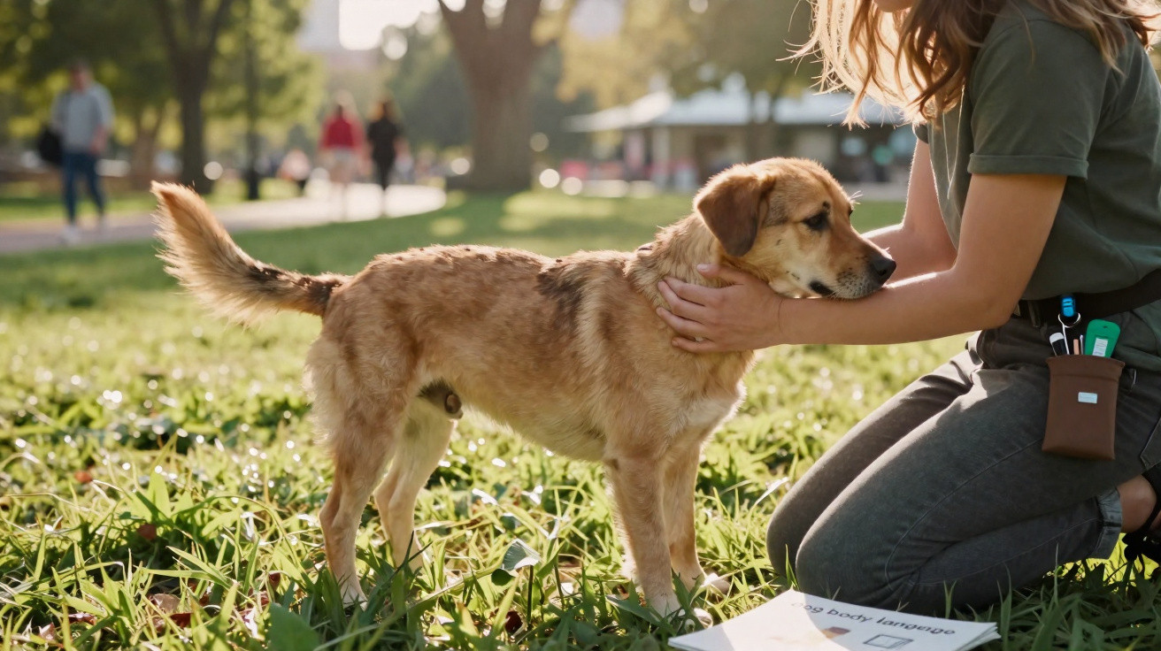 Person kneeling on grass gently petting a medium-sized brown dog outdoors in a park.