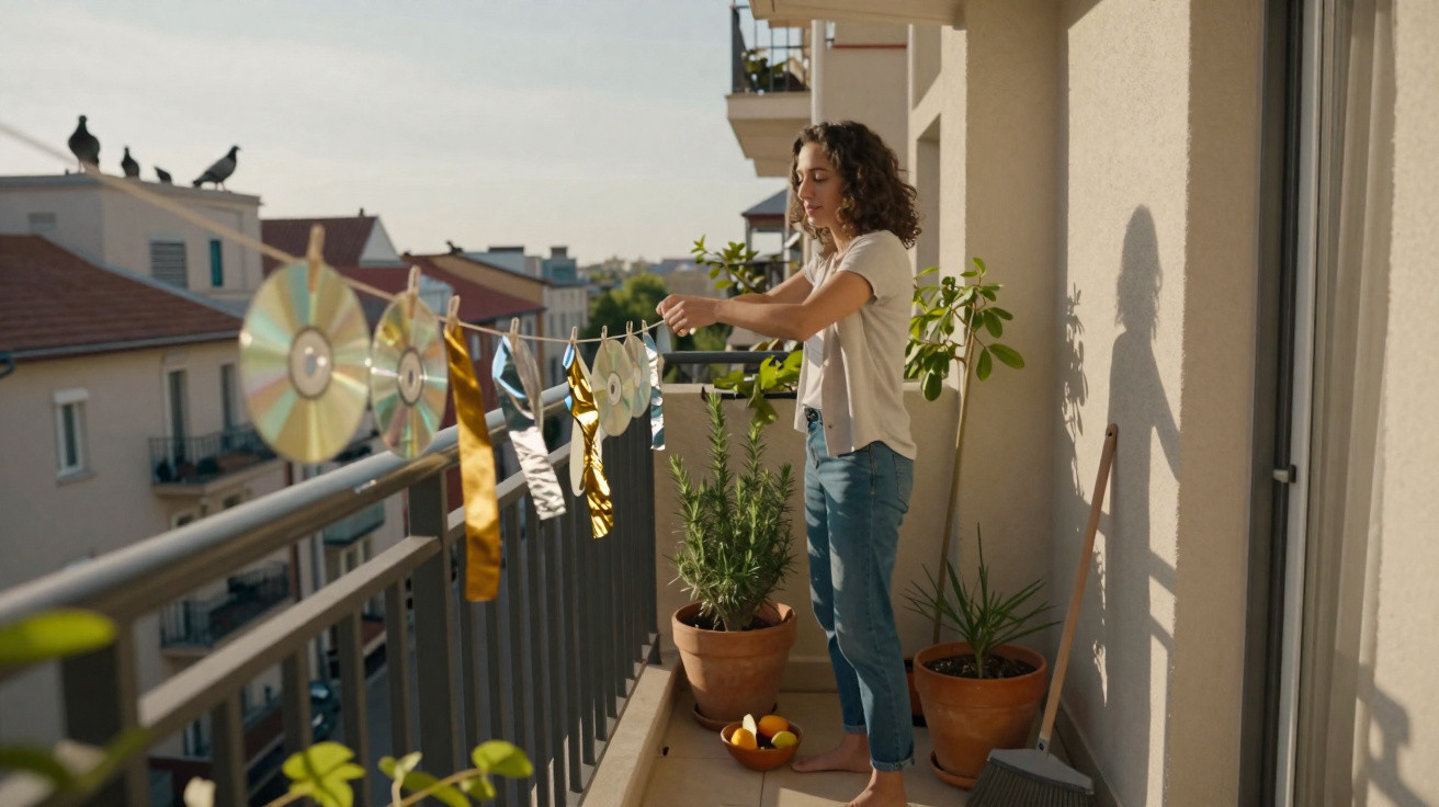 Woman hanging reflective CDs and ribbons on a balcony railing with potted plants around her in daylight.
