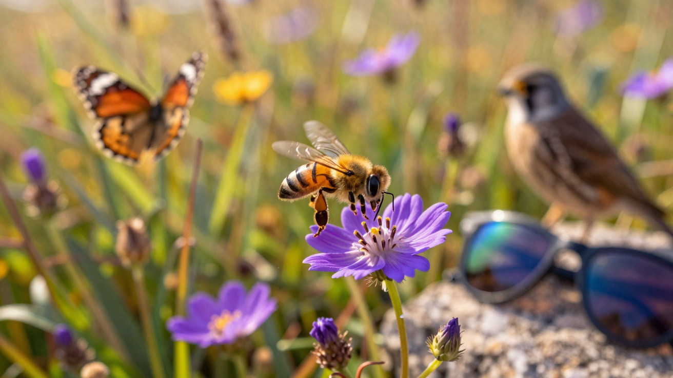 Honeybee collecting nectar from a purple flower with a butterfly and bird in a sunny garden.