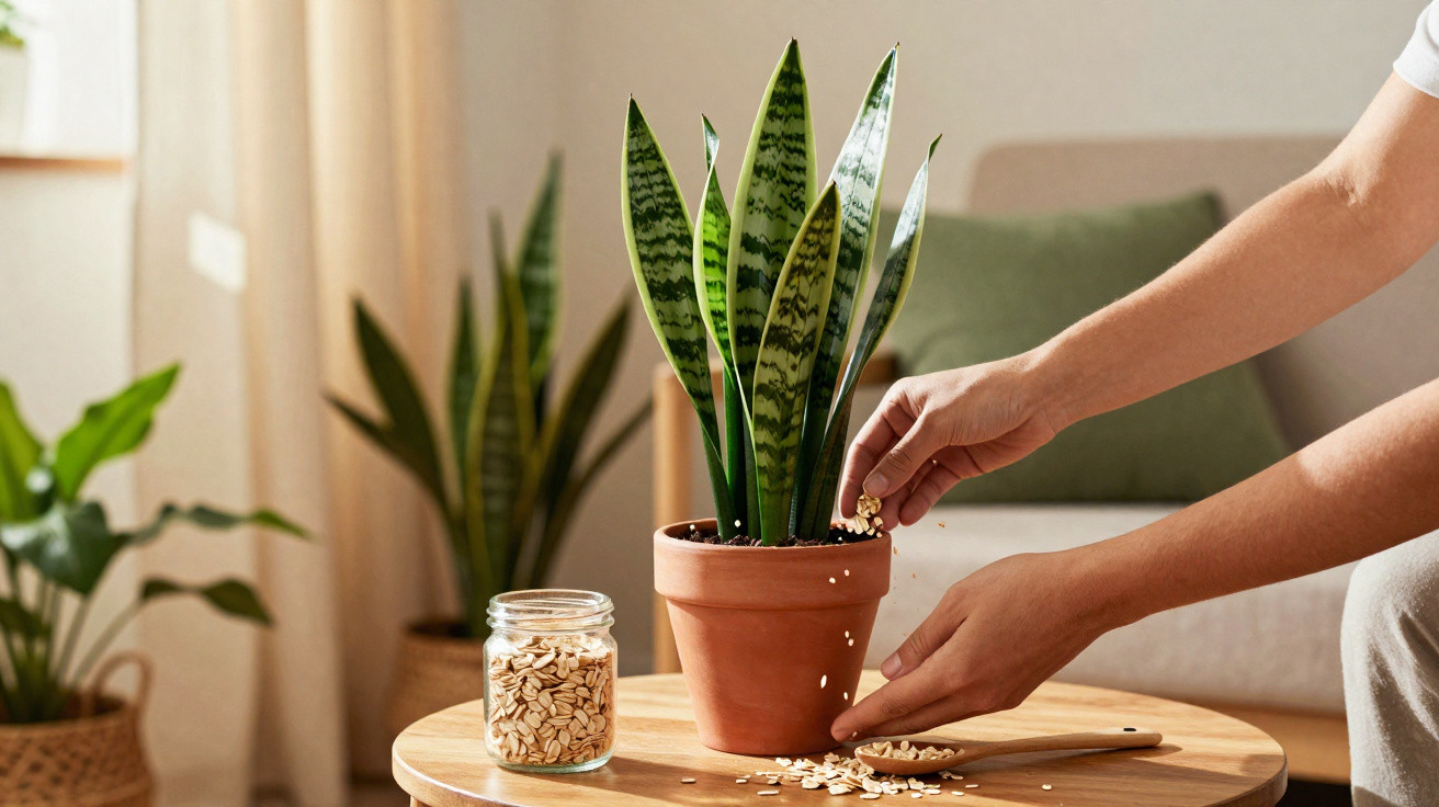 Person sprinkling plant food on a snake plant in a terracotta pot on a wooden table indoors.