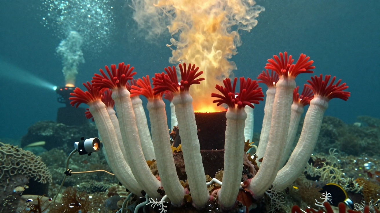 Underwater scene with red-tipped tube-like creatures surrounding a glowing, erupting vent.